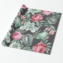 Rosa Rosen und saftiges Kaktus-Muster auf Geschenkpapier