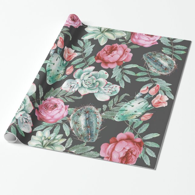 Rosa Rosen und saftiges Kaktus-Muster auf Geschenkpapier (Ungerollt)