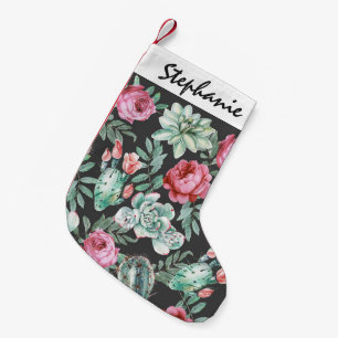 Rosa Rosen und saftiges Kaktus-Muster auf Kleiner Weihnachtsstrumpf