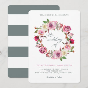 Rosa Rosen und schick graue Streifen   Hochzeitskr Einladung