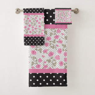 Rosa Rosen und schwarz-weiße Polka-Punkte Badhandtuch Set