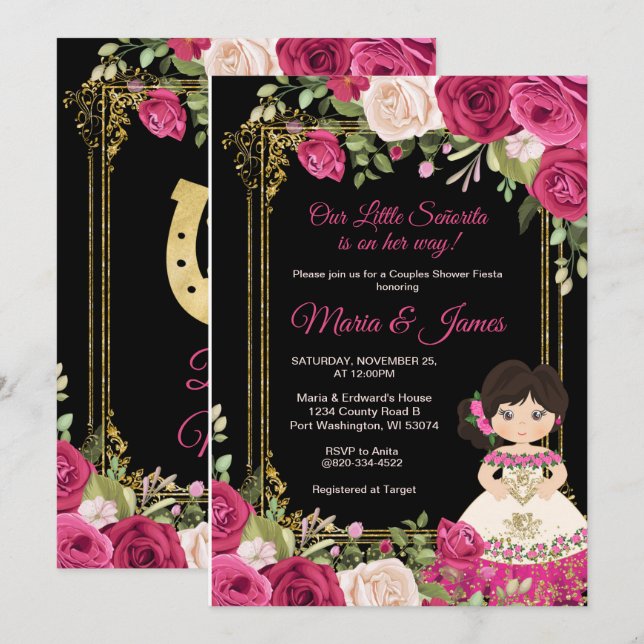 Rosa Rosen und schwarze Background Paare Dusche   Einladung (Vorne/Hinten)