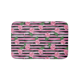 Rosa Rosen und schwarze Streifen Bath Ruck Badematte