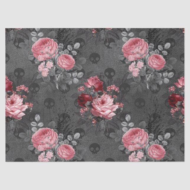 Rosa Rosen und Skulls auf Grau-Decoupage Seidenpapier (Vorderseite)
