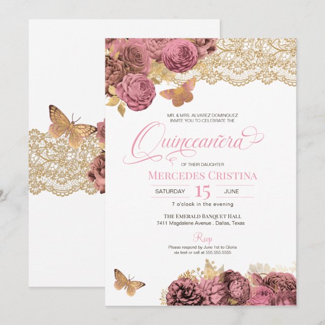 Rosa Rosen und Spitzen Gold Schmetterling Quinceañ Einladung (Vorne/Hinten)