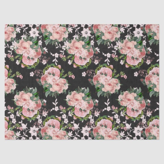 Rosa Rosen und weiße Blume im Schwarzen Deko Seidenpapier (Vorderseite)