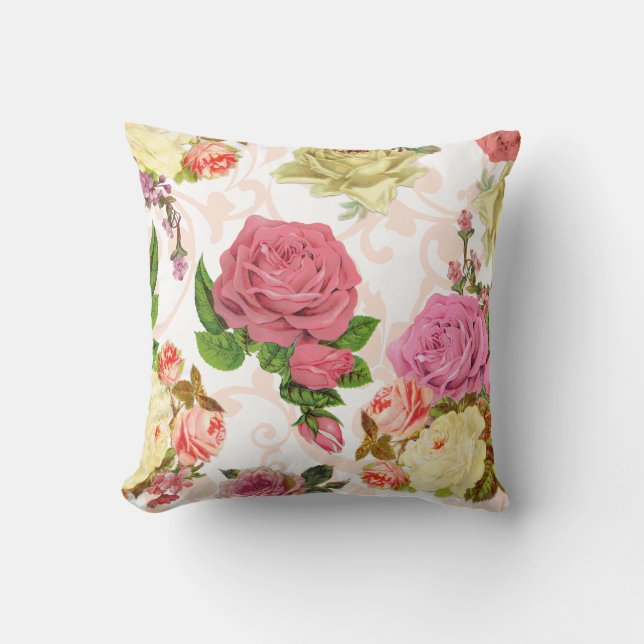 Rosa Rosen Vintage Blumenmuster Kissen (Vorderseite)