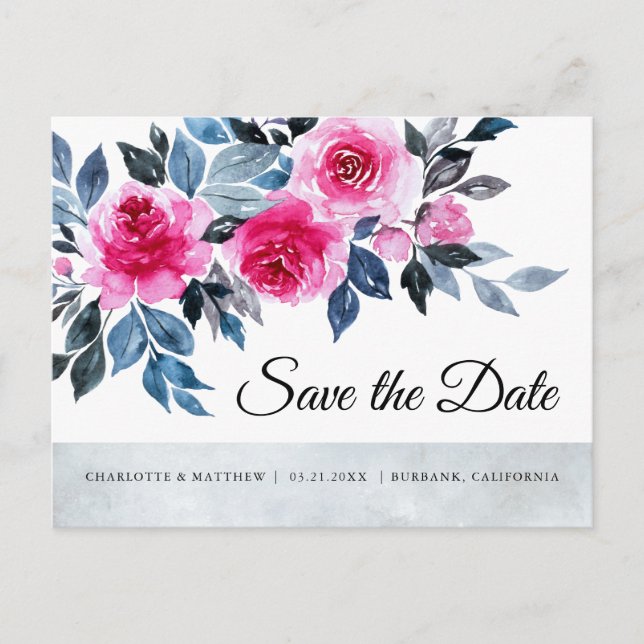 Rosa Rosen Wasserfarbe Botanisch Save the Date Ankündigungspostkarte (Vorderseite)