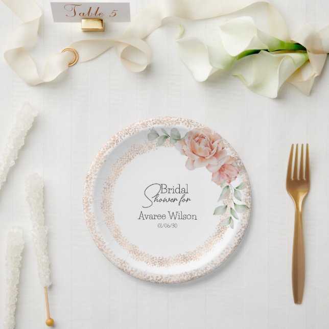 Rosa Rosen Wasserfarbe und Glitzer Brautparty Pappteller (Hochzeit)