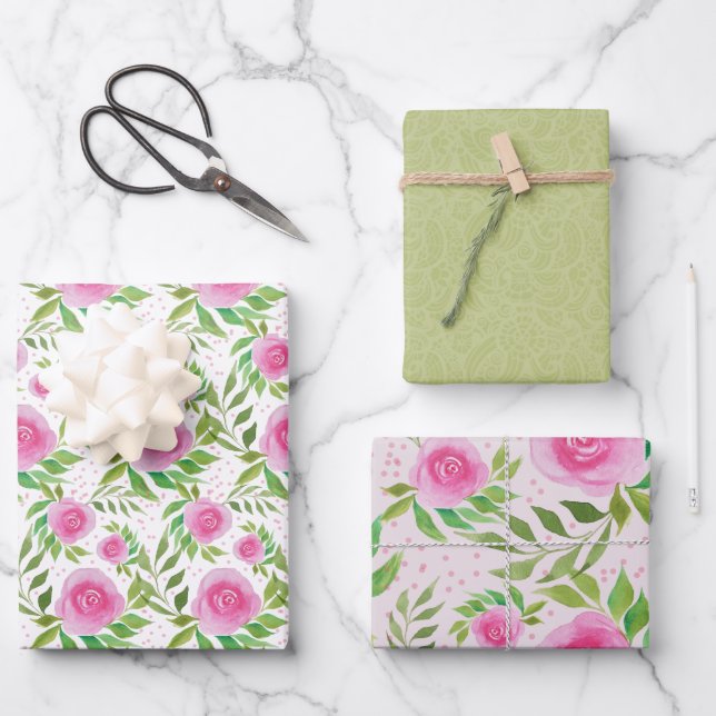 Rosa Rosen, Wasserfarben Handgestrichen Geschenkpapier Set (Vorderseite)