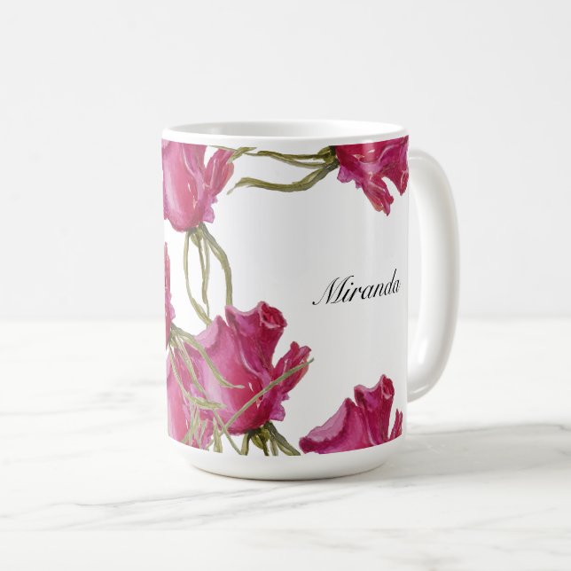 Rosa Rosen Wasserfarben Kunst Handbemalt Kaffeetasse (VorderseiteRechts)