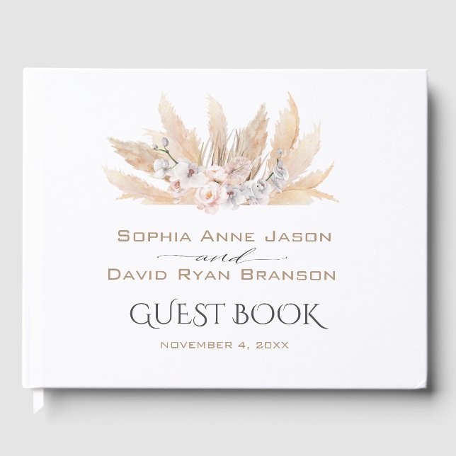 Rosa Rosen Weiß-Orchideen Pampas Grass Hochzeit Gästebuch (Vorderseite)