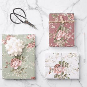Rosa Rosen/Weiß, Zahnfleisch, alte Rose Hintergru Geschenkpapier Set