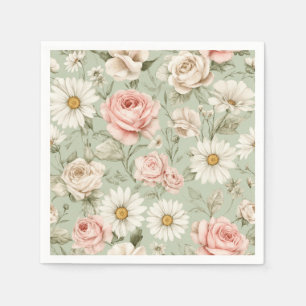 Rosa Rosen Weiße Margeriten Blumenmuster Serviette
