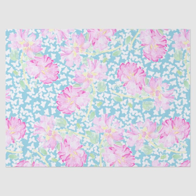 Rosa Rosen, weiße Schmetterlinge auf blauem Gewebe Seidenpapier (Vorderseite)