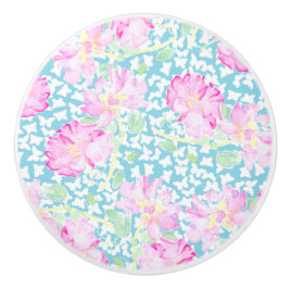 Rosa Rosen, weiße Schmetterlinge auf blauem Kerami Keramikknauf