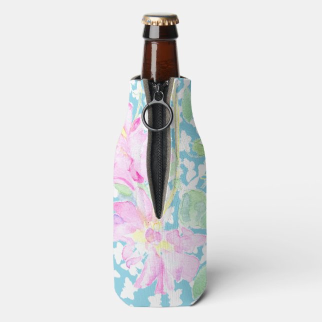 Rosa Rosen, weiße Schmetterlinge Blaue Flasche Coo Flaschenkühler (Flasche Rückseite)