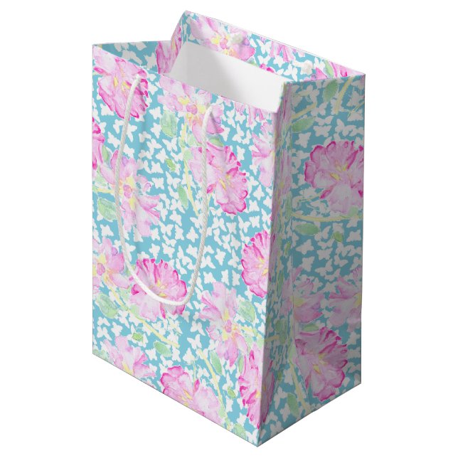 Rosa Rosen Weiße Schmetterlinge, blaue mittelgroße Mittlere Geschenktüte (Vorderseite Schrägansicht)