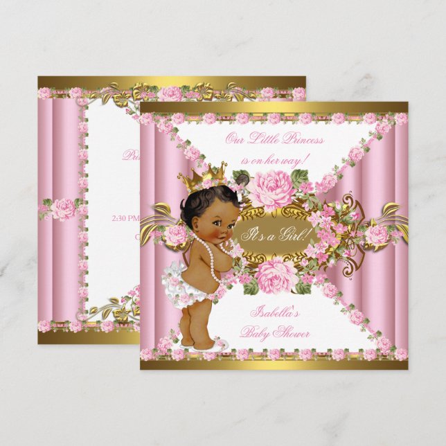 Rosa Rosen White Gold Princess Baby Dusche Ethnisc Einladung (Vorne/Hinten)