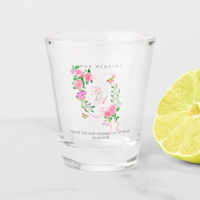 Rosa Rosenband-Monogramm-Hochzeit  Schnapsglas (Vorderseite)