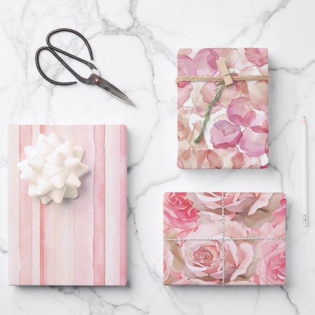 Rosa Rosenblätter Blumenstreifen Geburtstag Geschenkpapier Set (Vorderseite)