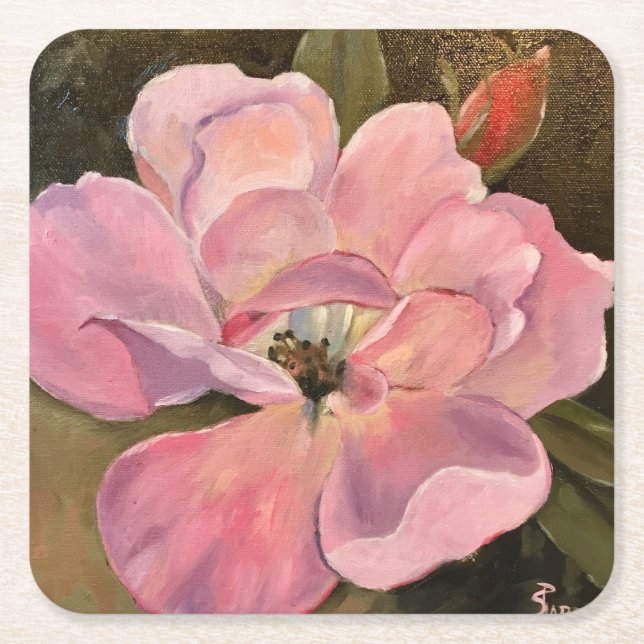 Rosa Rosenblüte Gedeckte Ölmalerei Rechteckiger Pappuntersetzer (Vorderseite)