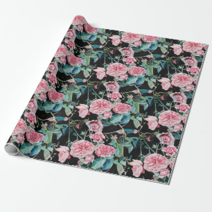 Rosa Rosenblüten floraler Wasserfarben-Einwickler Geschenkpapier