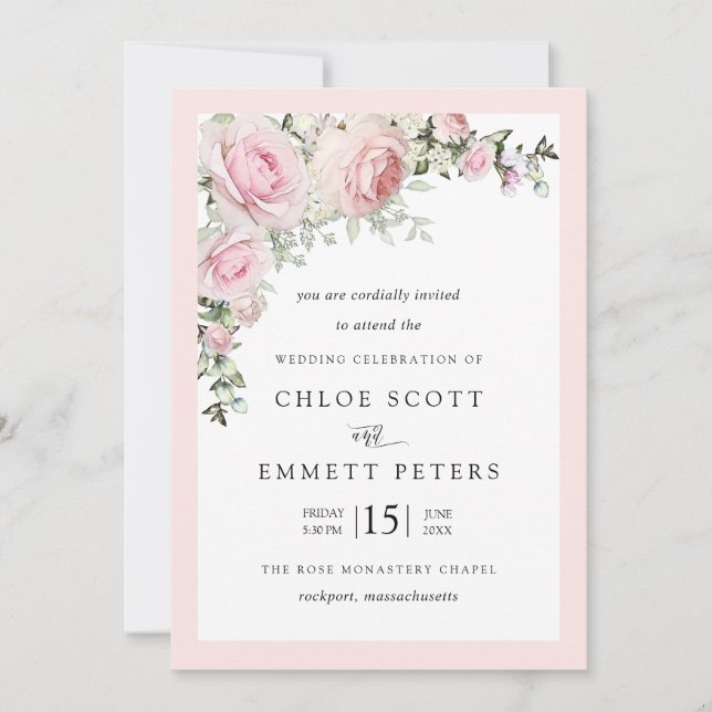 Rosa Rosenblütenhochzeit Einladung (Vorderseite)