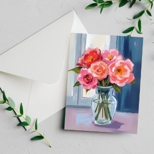 Rosa Rosenbouquet Glasvase Romantische Blumenkarte