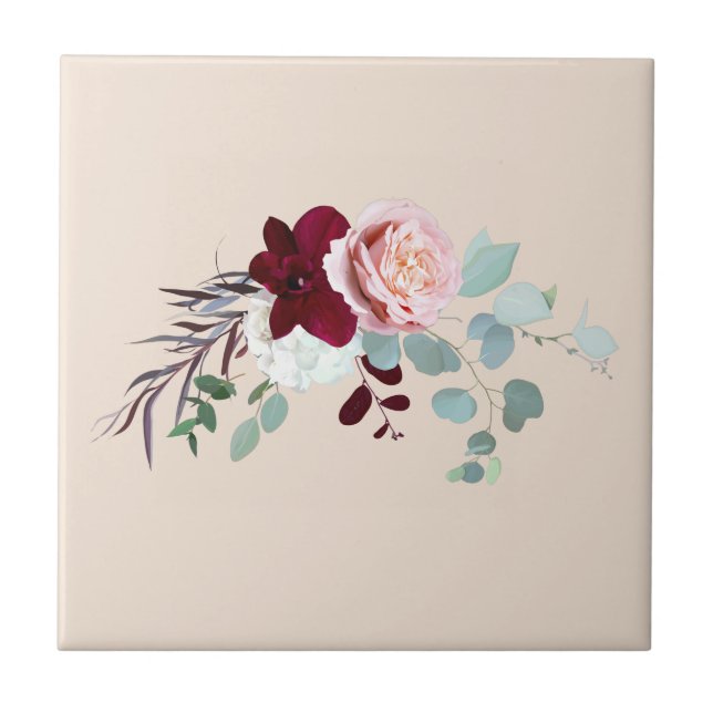 Rosa Rosengrün Wasserfarben Blumen Fliese (Vorderseite)