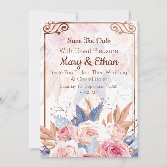Rosa Rosenhochzeitkarte mit Elegant und floraler E Save The Date (Vorderseite)