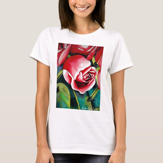 Rosa Rosenknospe Aquarellmalerei Blume T-Shirt (Vorderseite)