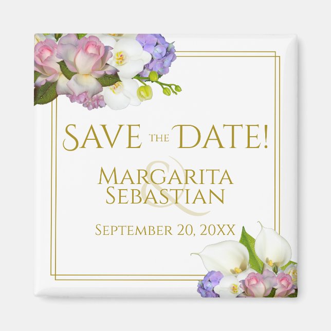 Rosa Rosenknospe & Calla Lilies Wedding Save the D Magnet (Vorne)