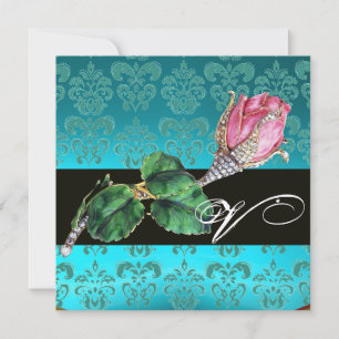 ROSA ROSENKNOSPE DIAMANTEN SCHMUCK , BLAUER DAMAST EINLADUNG