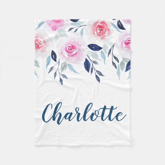 Rosa Rosenmit blumenwatercolor-personalisierter Fleecedecke (Vorderseite)