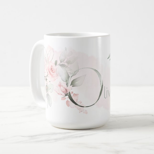 Rosa Rosenmonogramm-Letter O Kaffeetasse (Vorderseite Links)