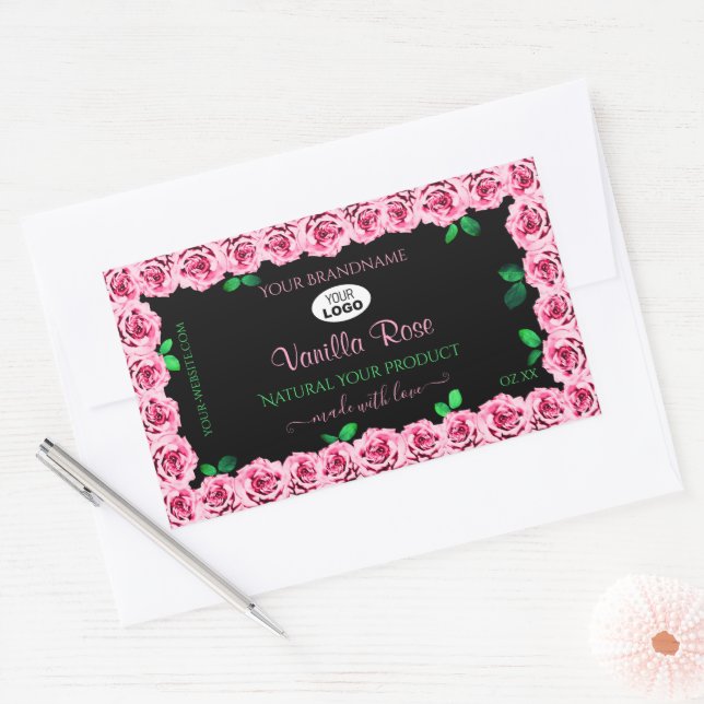 Rosa Rosenrahmen Elegantes Logo für die schwarzen  Rechteckiger Aufkleber (Umschlag)