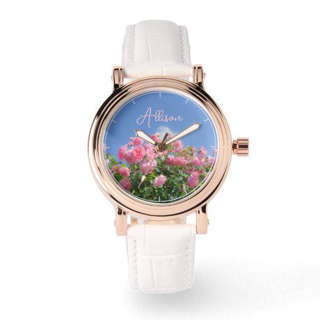 Rosa Rosenstrauch unter blauem Himmel, Brauch Armbanduhr (Vorderseite)