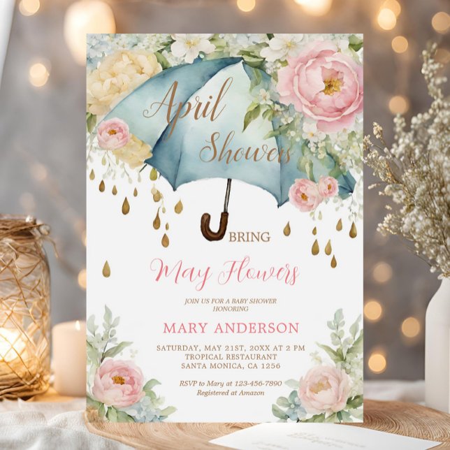 Rosa Roses Blumenblauer Regenschirm April Duschen Einladung (Von Creator hochgeladen)