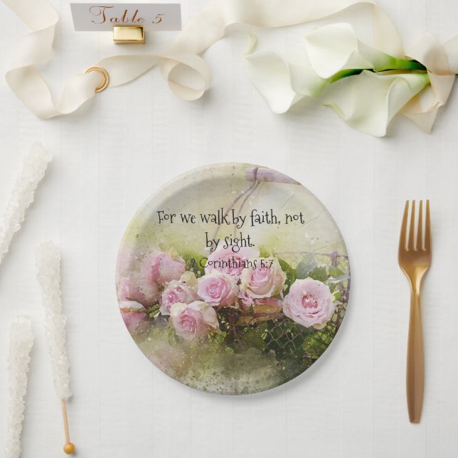 Rosa Roses Blumenpapier Tafel Glaubensskriptur Pappteller (Hochzeit)