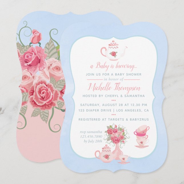 Rosa Roses Blumentee Party Kinderdusche Einladung (Vorne/Hinten)