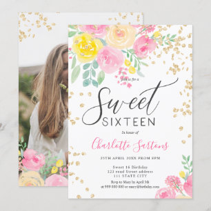 Rosa Roses Blütengold-Schrift süß 16 Einladung