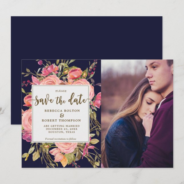 Rosa Roses Boho Marine Save the Date Fotokarte Einladung (Vorne/Hinten)