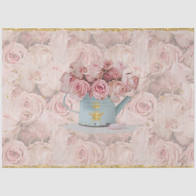 Rosa Roses Bouquet Gold Beere Crown Blue Decoupage Seidenpapier (Vorderseite)
