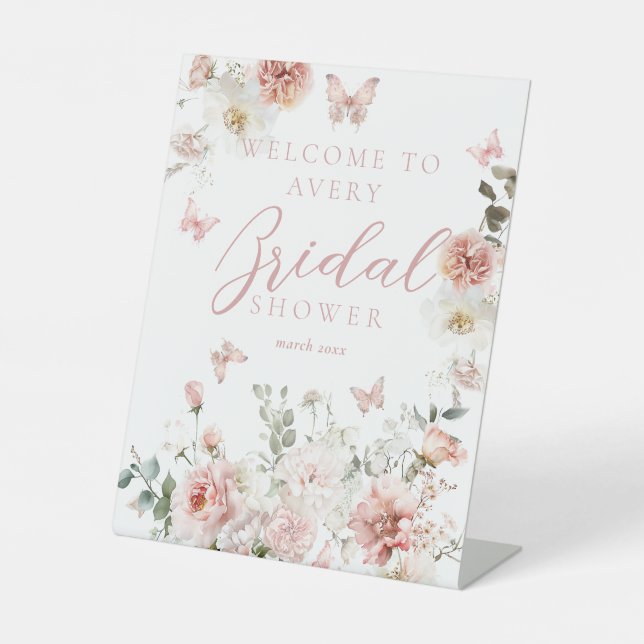 Rosa Roses Butterflay Brautparty Willkommen Sockelschild (Vorderseite)