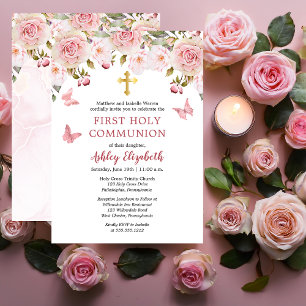 Rosa Roses Butterflies Floral Erste Heilige Kommun Einladung