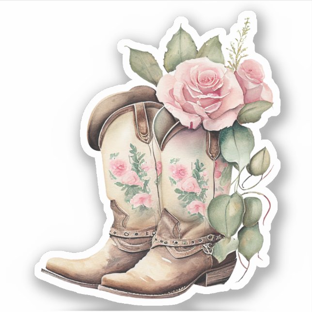 Rosa Roses Cowgirl Boots Aufkleber (Vorderseite)