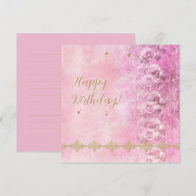 Rosa Roses Damask Grunge - Grußkarte Feiertagskarte (Vorne/Hinten)