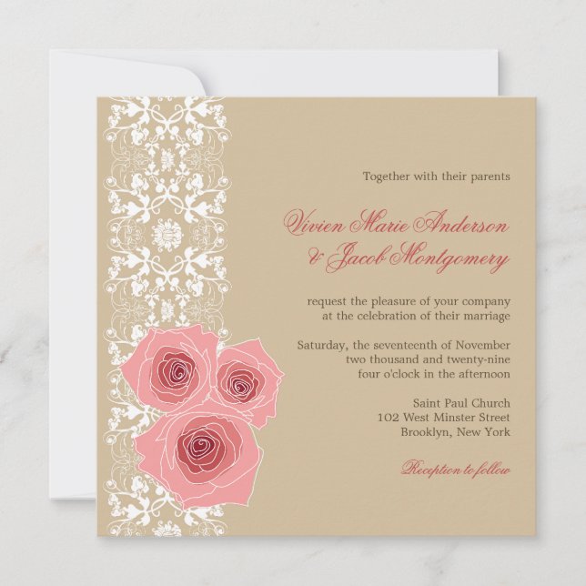 Rosa Roses Damask Lace Hochzeit Einladung & Empfan (Vorderseite)