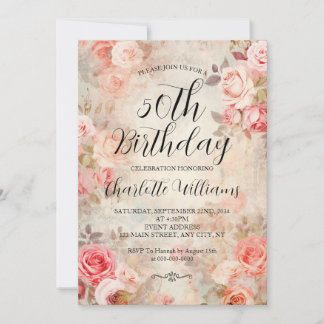 Rosa Roses Elegant 50. Geburtstag Einladung